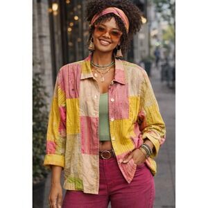 April Cornell Patchwork button up shirt Jacket Women M Pink‎ Art to Wear.   G